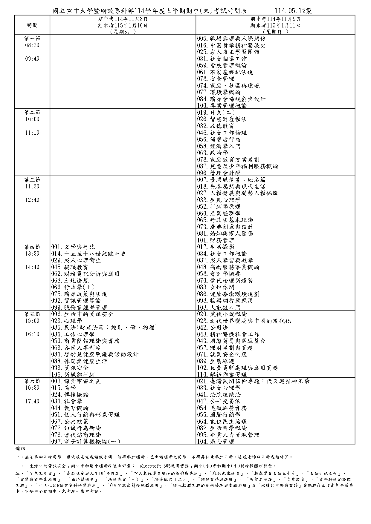 1141考試時間
