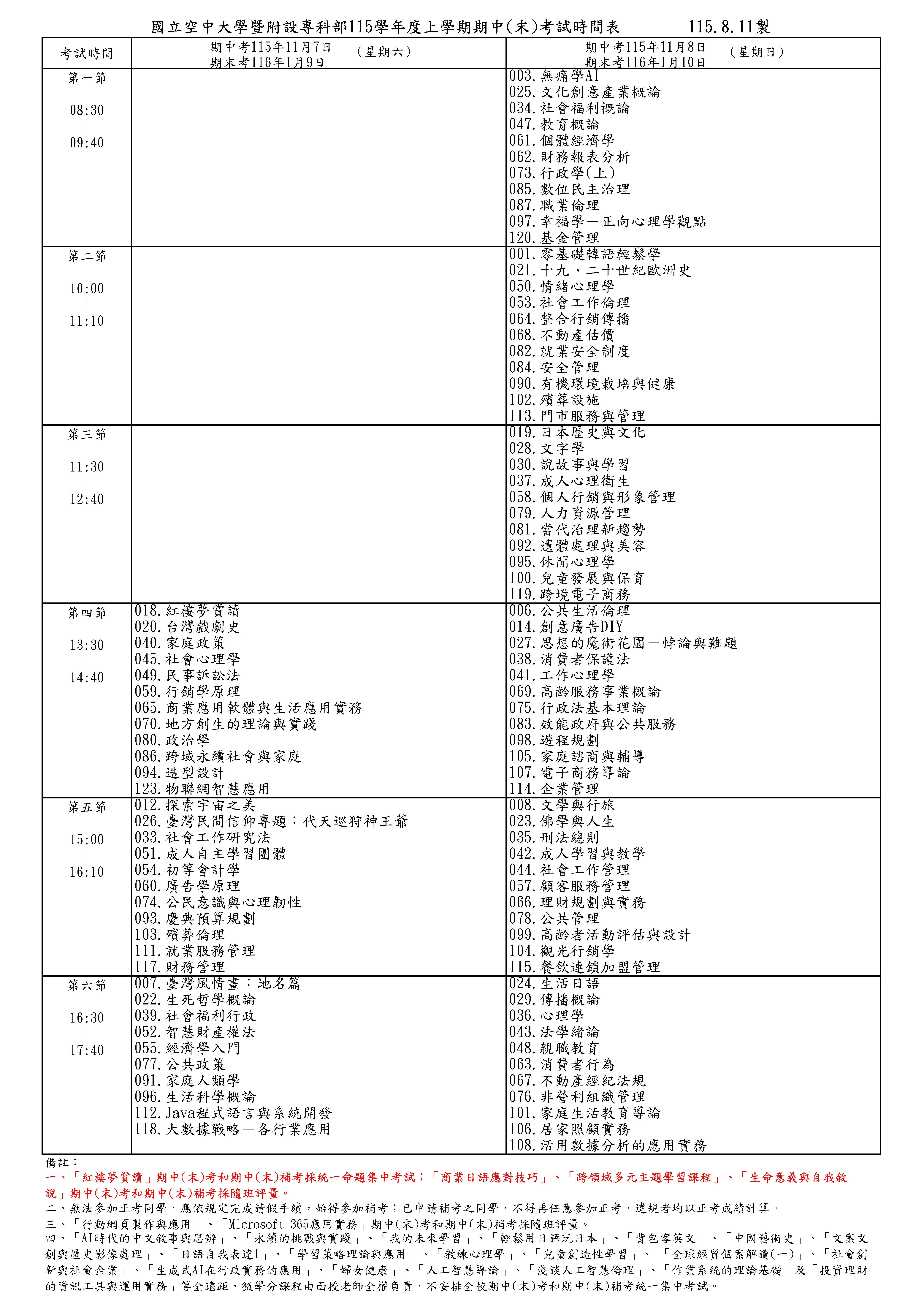 115上期中期末考考試時間表