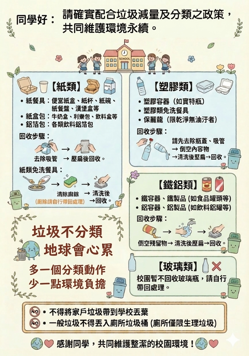 宣導垃圾分類，並提醒各類別處理方式。