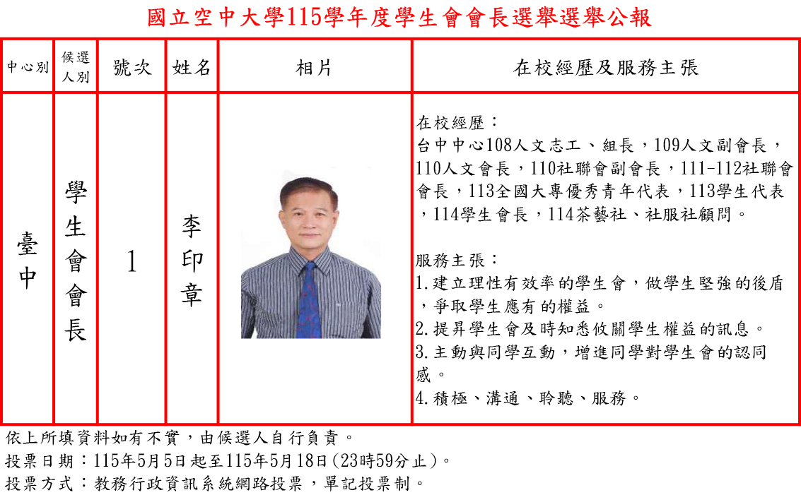 115學年度學生會會長候選人